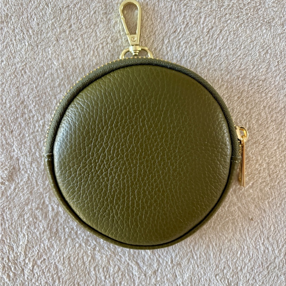 Round Olive Green Leather Coin Pouch with Gold Hardware